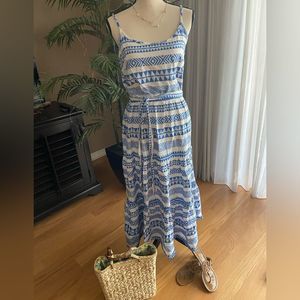 White & Grecian Blue Cami Tiered Midaxi Dress and White Shrug NWOT.